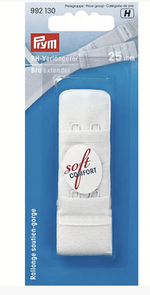 Prym bra extender with 3x3 hooks, 25mm wide, in white.