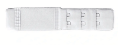 White bra extender with three rows of three hooks.