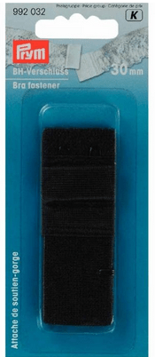 Black bra fastener with hook and loop closure, 30mm wide.