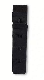 Black bra extender with three rows of hooks.