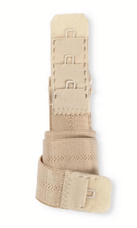 Skin-colored bra extender with adjustable length and hook and eye closures.