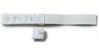White adjustable bra fastener with hook and eye closures.