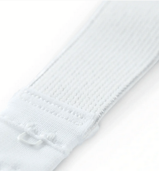 White adjustable bra fastener with textured elastic band.