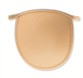 Skin-colored polyester bra cups with a textured surface and fabric tabs.