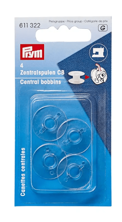 Prym transparent plastic central bobbins for sewing machines.