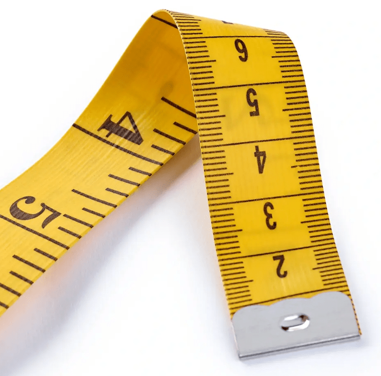 A yellow fiberglass tape measure with centimeter markings.