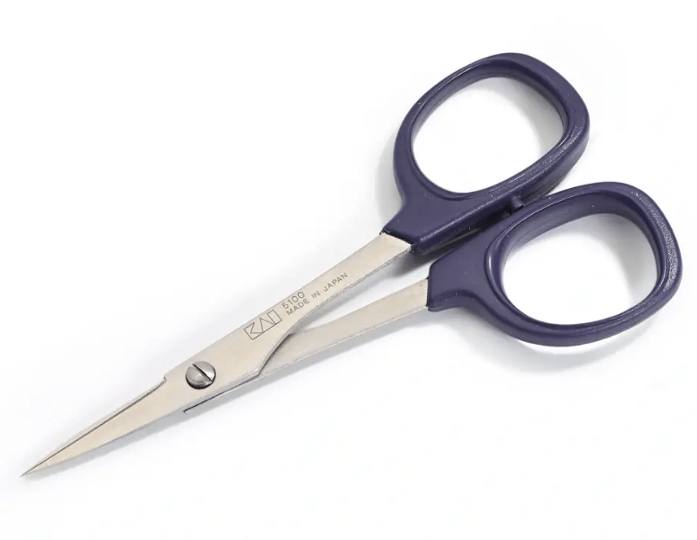 Purple embroidery scissors with stainless steel blades and black handles.