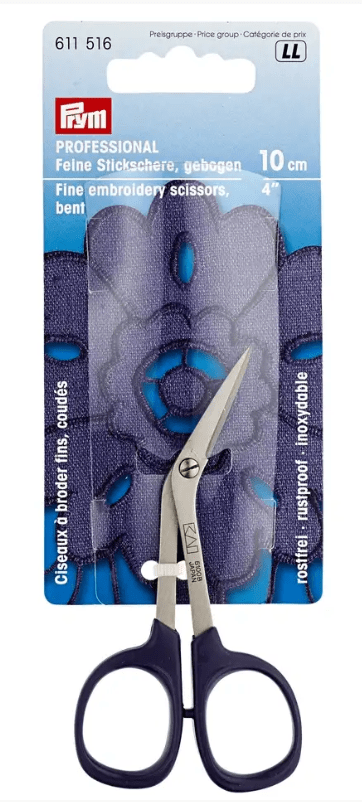 Curved 10cm purple stainless steel embroidery scissors.