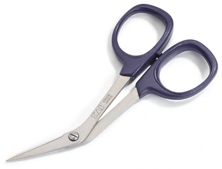 Curved purple stainless steel embroidery scissors with plastic handles.
