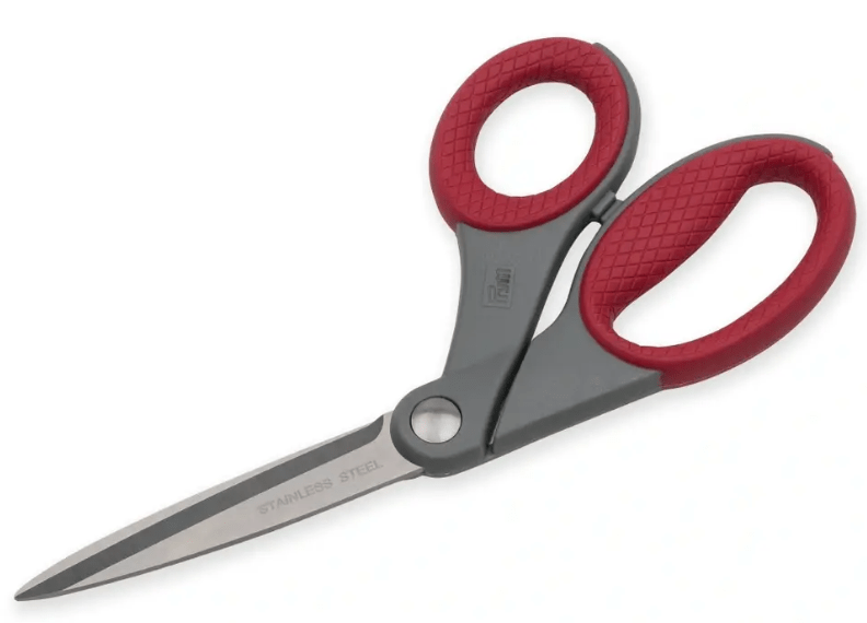 Red and gray dressmaking scissors with stainless steel blades and textured red handles.
