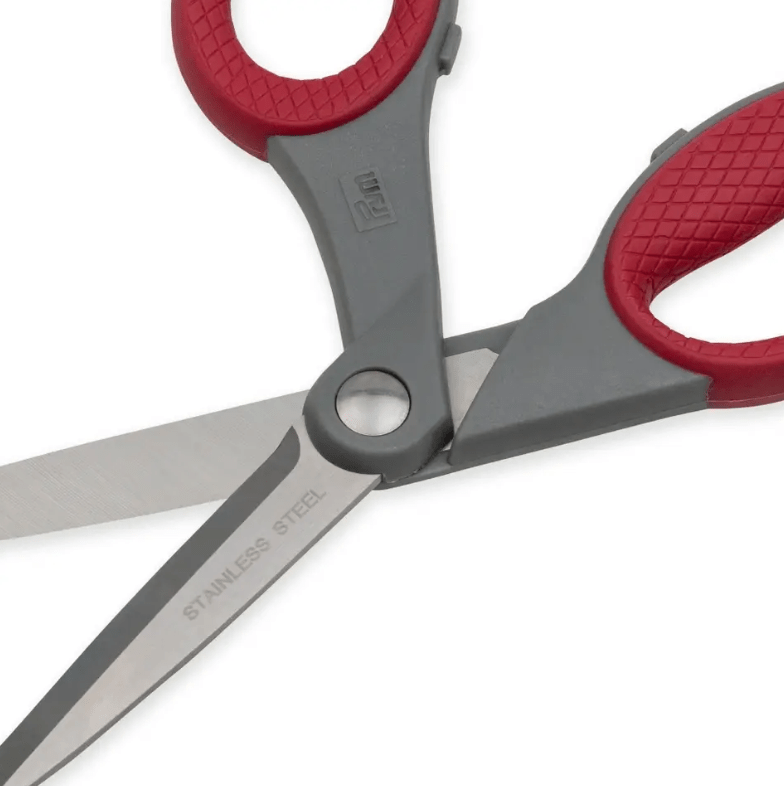 Red and gray dressmaking scissors with stainless steel blades.