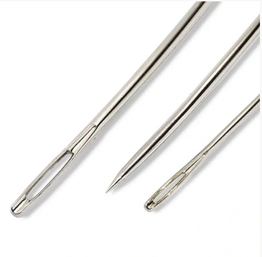 Three curved upholstery needles made of hardened steel in sizes 2, 4, and 5.