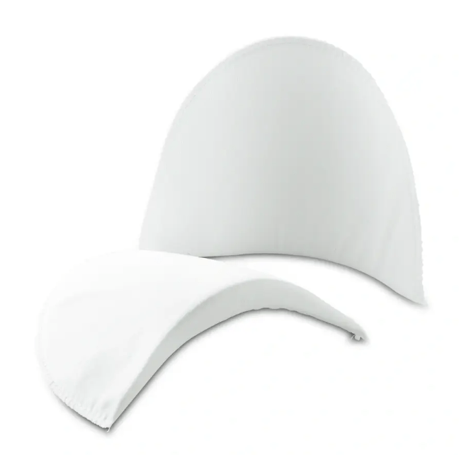 Two black crescent-shaped shoulder pads made of polyester.