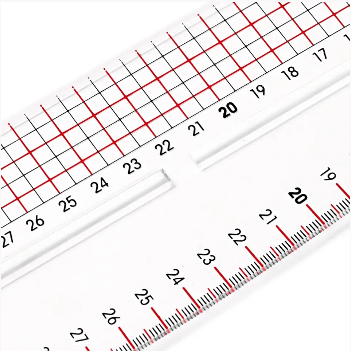 Transparent curved ruler with grid markings and measurements.
