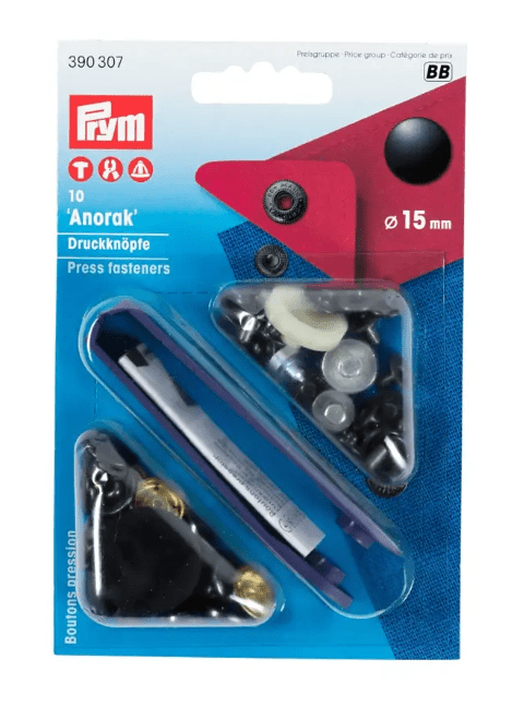 Non - sew press fastener anorak, 15mm, black - Galedi Pins