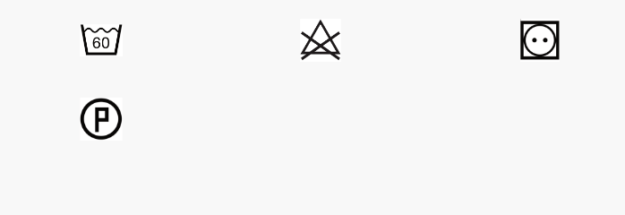 Laundry care symbols: wash at 60 degrees, do not bleach, tumble dry low, dry clean P.