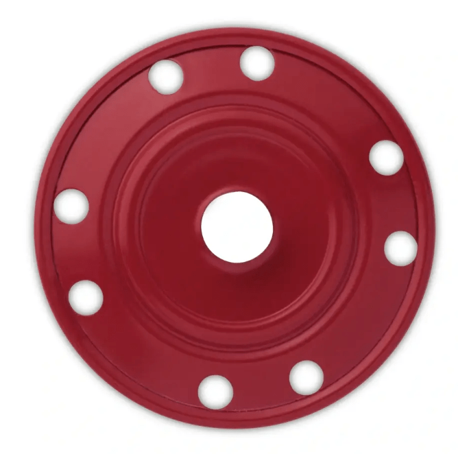 Red metal snap fastener with eight holes and a central opening.