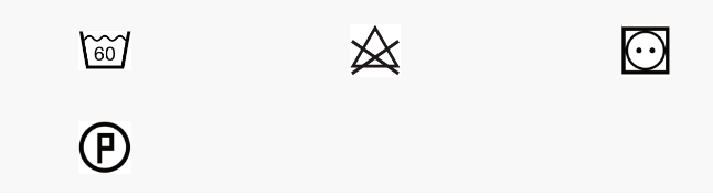 Laundry care symbols: machine wash at 60 degrees, do not bleach, dry clean with P, and tumble dry.