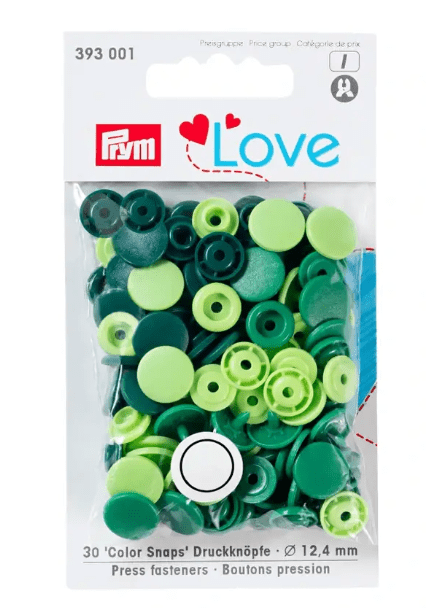 Prym Love plastic snap fasteners in assorted green colors, 12.44 mm.