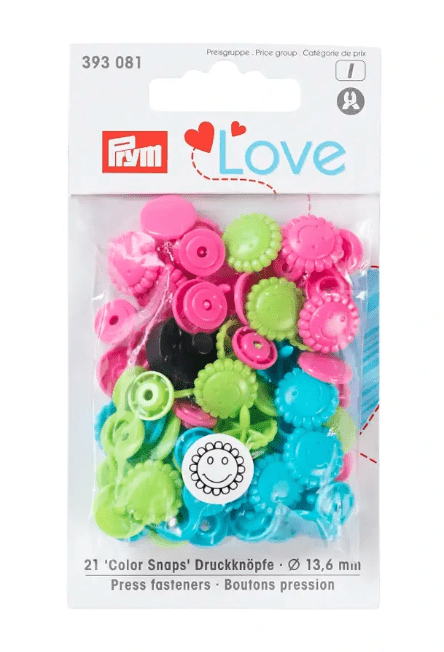 Colour snap fastener, Prym Love, flower, 13.6mm, turquoise/green/pink - Galedi Pins