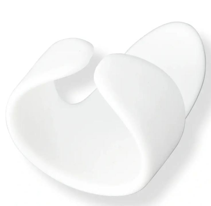 Adjustable white plastic quilter's finger guard.