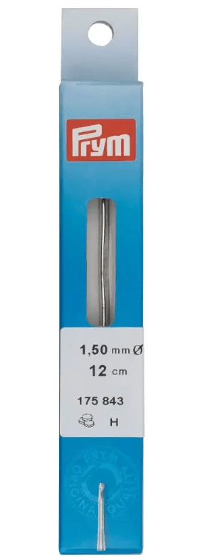 Silver-colored steel crochet hook with 1.50 mm diameter and 12 cm length.