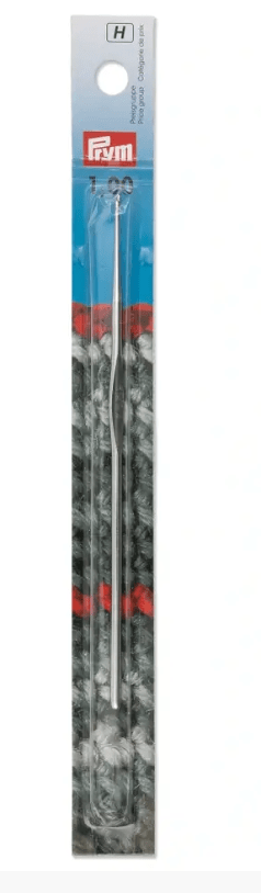 Silver-colored steel crochet hook with size H marked on the shaft.