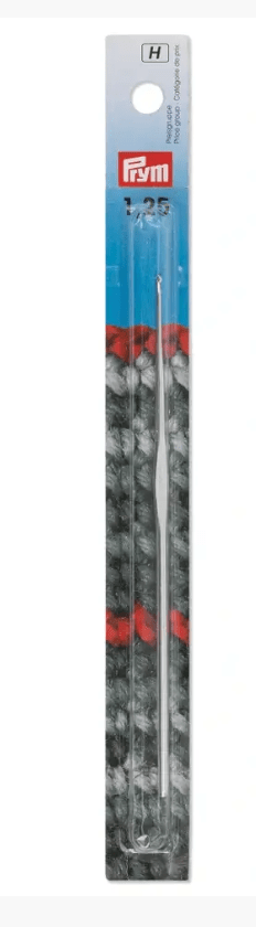 Silver-coloured steel crochet hook with size H and 1.25 marking.