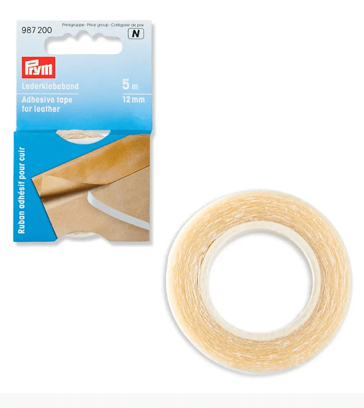 Transparent double-sided adhesive tape for leather, 12mm wide and 5m long.