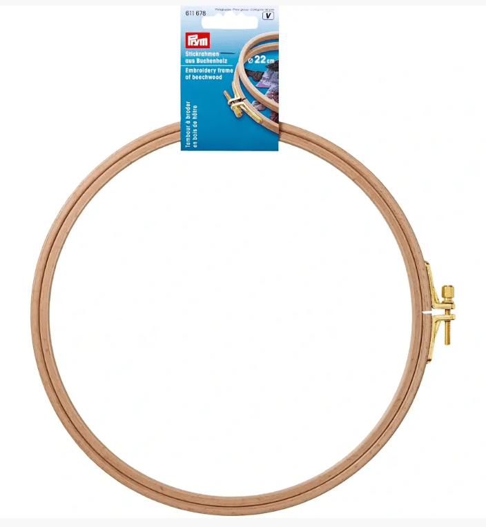 Natural beechwood embroidery frame with brass screw, 22cm diameter.