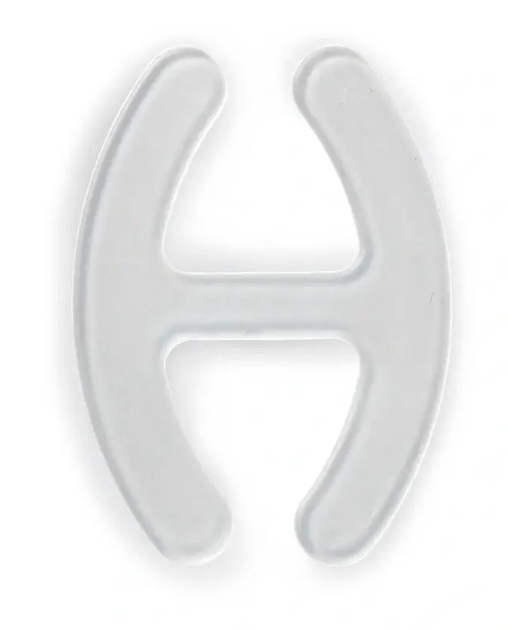 Transparent plastic H-shaped bra strap clip.