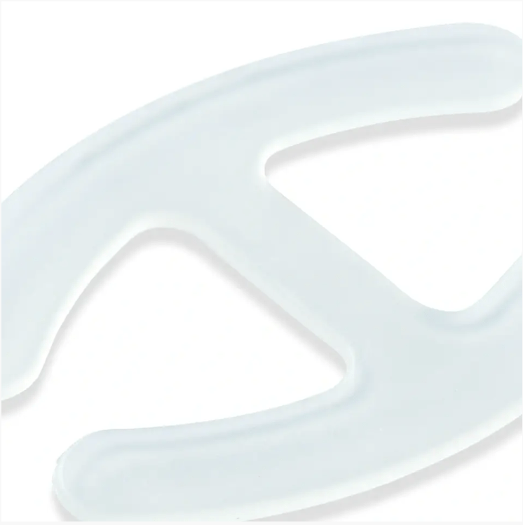 Transparent plastic H-shaped bra strap clip.