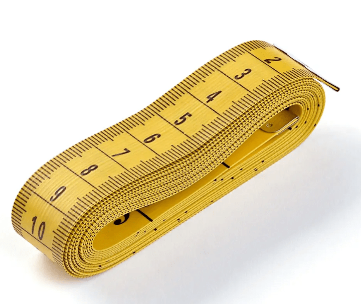 A yellow, 150 cm PVC tape measure with centimeter markings.
