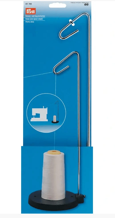 Silver metal cone and spool stand with a black cast iron base.