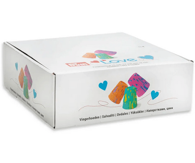 Prym Love thimbles in assorted colors on a white box.