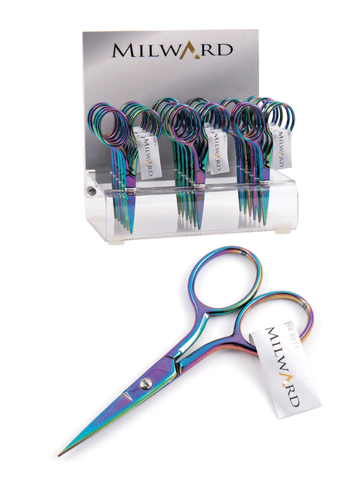 Galedi embroidery scissors with rainbow-effect coating in a display stand.