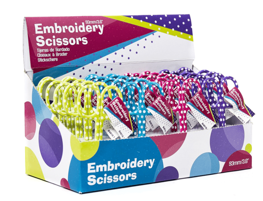 A display box of 24 embroidery scissors in mixed colors with polka dot handles.