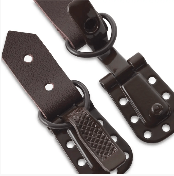 Two dark brown leather sew-on fur hook clips with metal fastenings.
