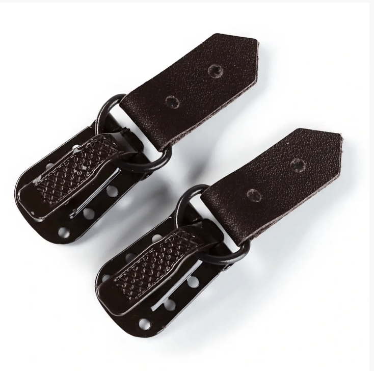 Two black leather and metal fur hook clips with sew-on bands.