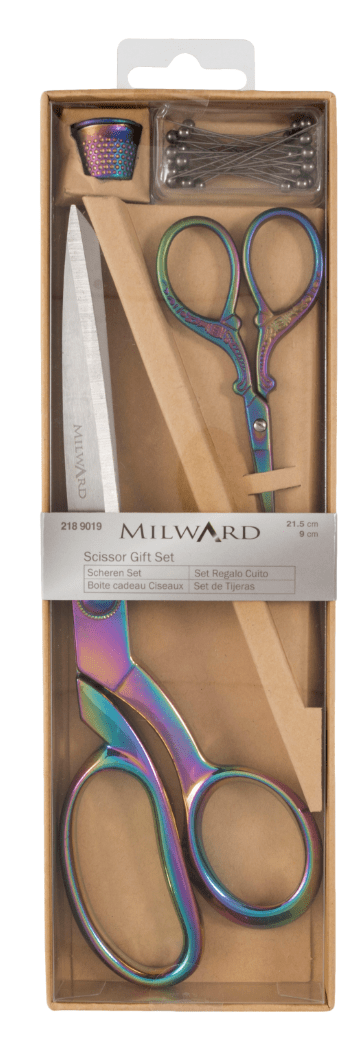 Scissors: Gift Set: Dressmaking (21.5cm) and Embroidery (9.5cm), Thimble & Pins: Rainbow - Galedi Pins
