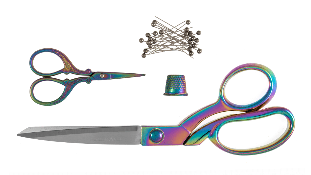 Scissors: Gift Set: Dressmaking (21.5cm) and Embroidery (9.5cm), Thimble & Pins: Rainbow - Galedi Pins