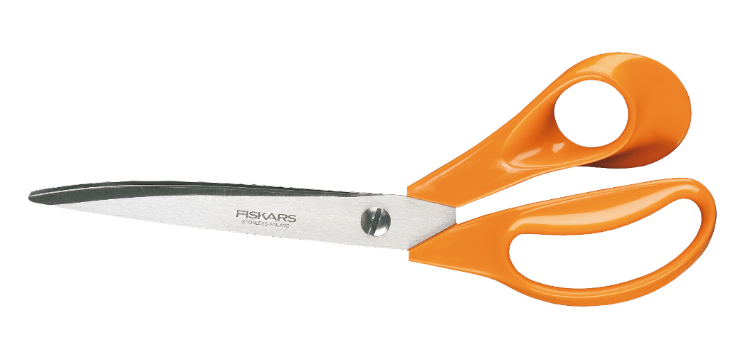 Fiskars 25cm right-handed dressmaking scissors with orange handles.