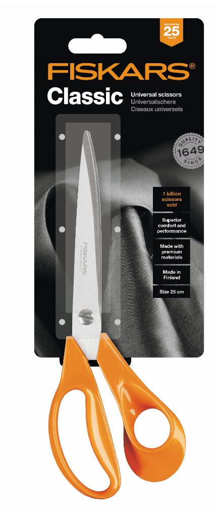 Fiskars Classic 25cm right-handed dressmaking scissors with orange handles.