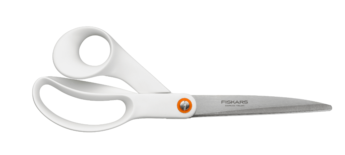 Fiskars 25cm white universal scissors with long blades for fabric cutting.
