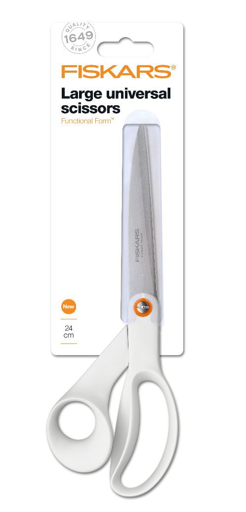 Fiskars white universal scissors with 24cm long blades.
