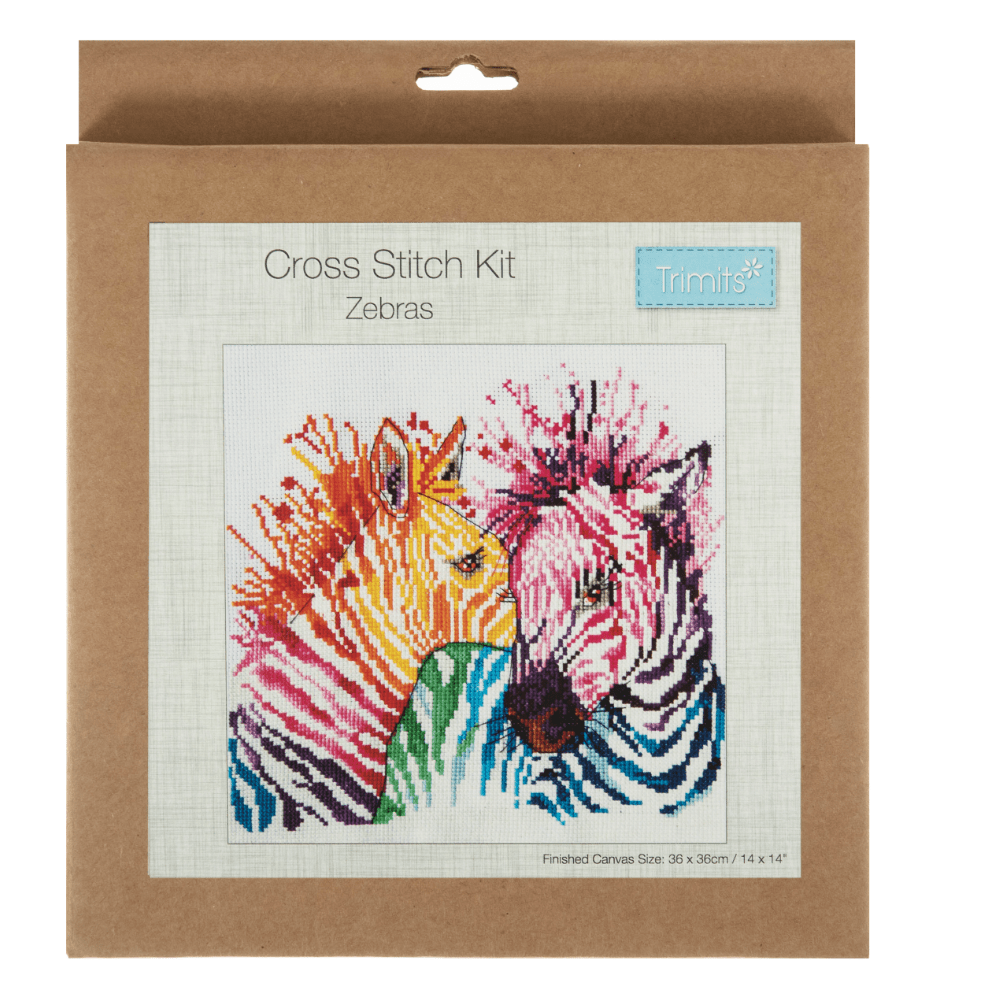 Cross stitch kit featuring a colorful zebra design.