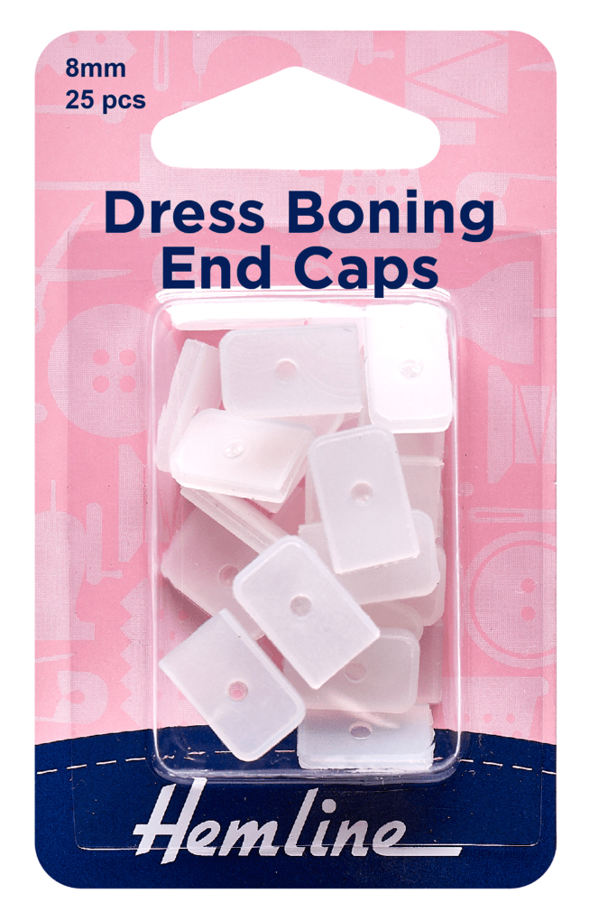 8mm plastic dress boning end caps, 25 per pack.