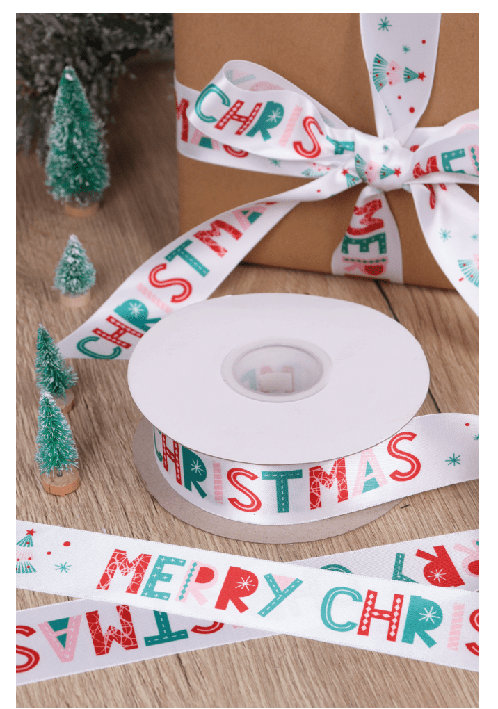 Christmas Ribbon: Satin: 1m x 25mm: Merry Christmas - Galedi Pins