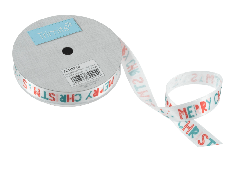 Christmas Ribbon: Satin: 1m x 16mm: Merry Christmas - Galedi Pins