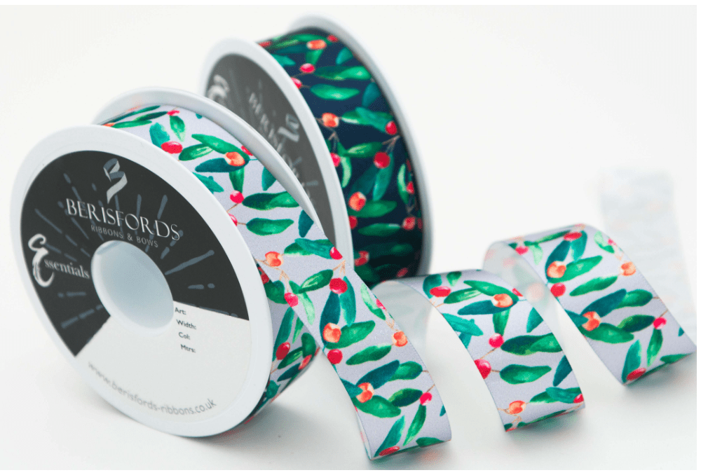 Ribbon: Berry Christmas: 1m x 25mm: Silver - Galedi Pins